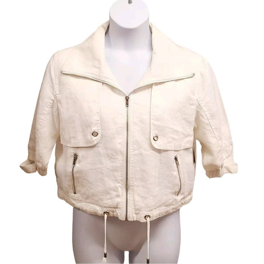For Cynthia Linen Jacket Womens Petite Large White Cropped Zip Front Sum…